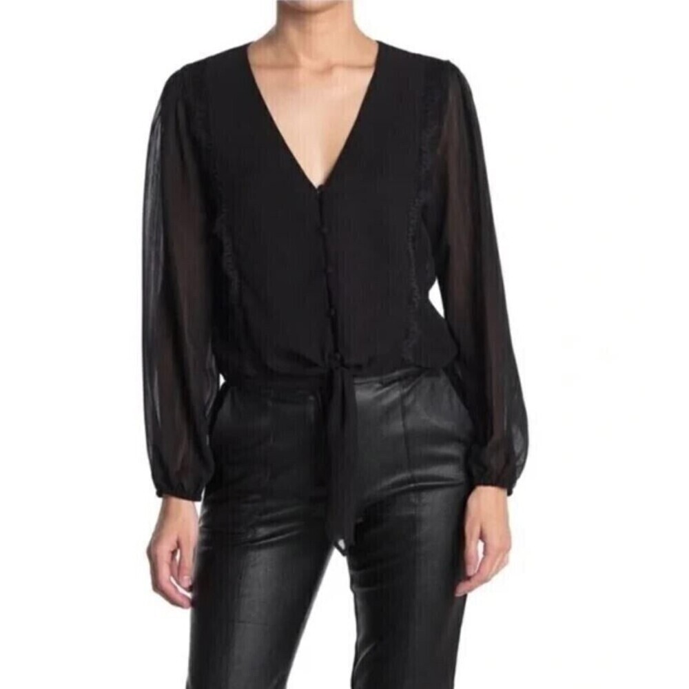 WAYF Women's Lace Trim Knotted Long Sleeve Blouse In Black Size M $80